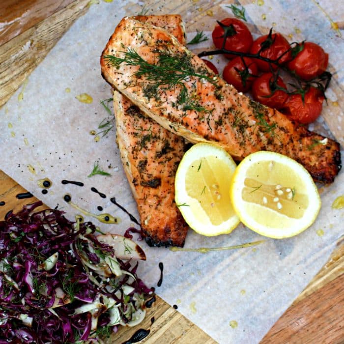 Baked salmon with fennel & tomatoes, a British dish