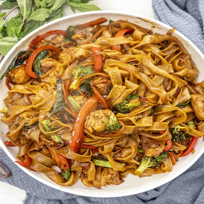 Drunken noodles (pad kee mao), a Thai dish