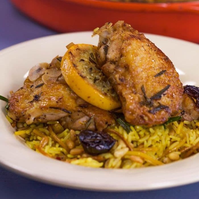 Chicken with saffron, raisins & pine nuts, a Spanish dish