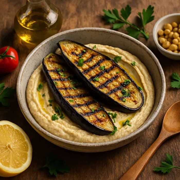 Aubergine & hummus grills, a Turkish dish