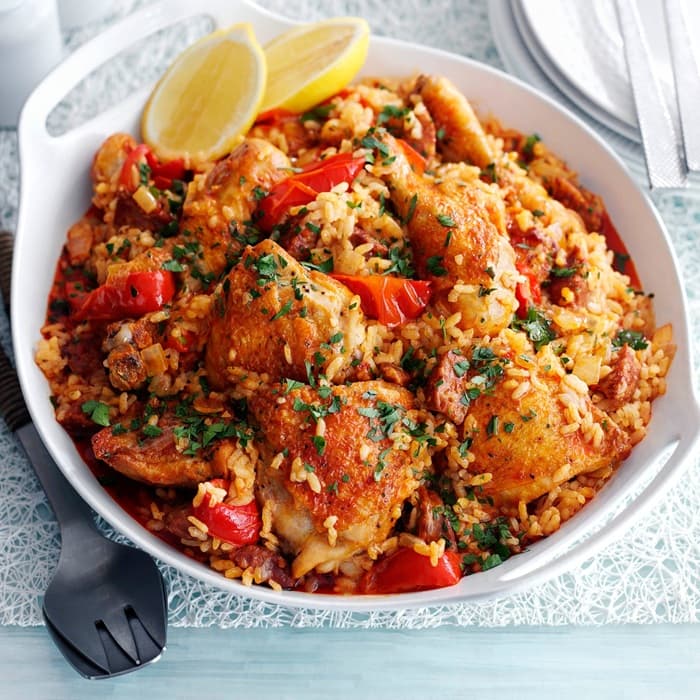 Chicken & chorizo rice pot, a Spanish dish